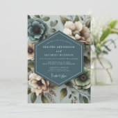 Slate Blue Muted Floral Wedding Einladung (Stehend Vorderseite)