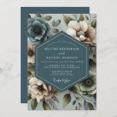 Slate Blue Muted Floral Wedding Einladung (Vorne/Hinten)