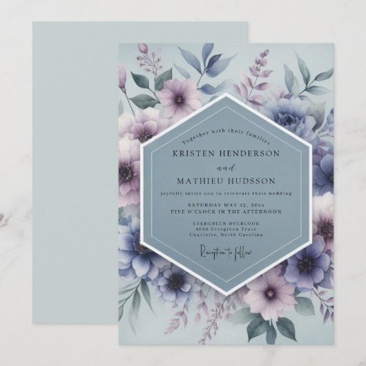 Slate Blue Mystical Bloom Wedding Einladung (Vorne/Hinten)