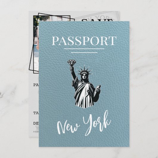 Slate Blue New York City Passport Save the Date (Vorne/Hinten)