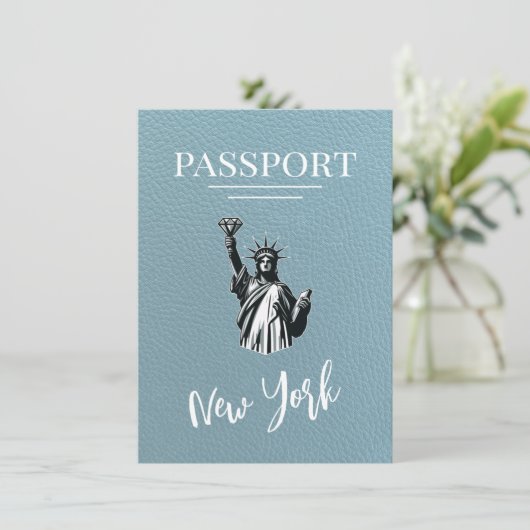 Slate Blue New York City Passport Save the Date (Stehend Vorderseite)