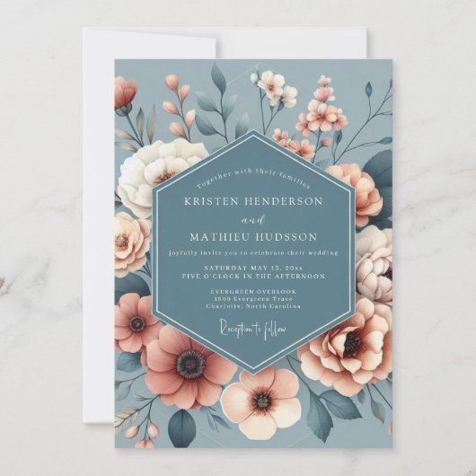 Slate Blue Painterly Bloom Wedding Einladung (Vorderseite)