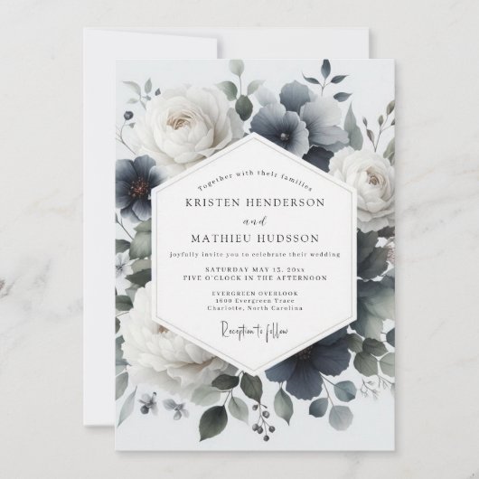 Slate Blue Painterly Flora Wedding Einladung (Vorderseite)