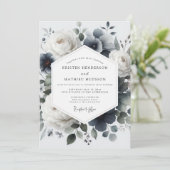 Slate Blue Painterly Flora Wedding Einladung (Stehend Vorderseite)