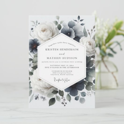 Slate Blue Painterly Flora Wedding Einladung (Stehend Vorderseite)
