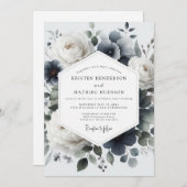 Slate Blue Painterly Flora Wedding Einladung (Vorne/Hinten)