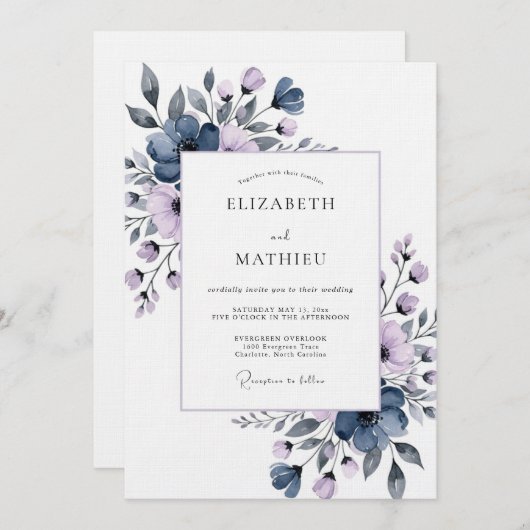 Slate Blue Painterly Flora Wedding Einladung (Vorne/Hinten)
