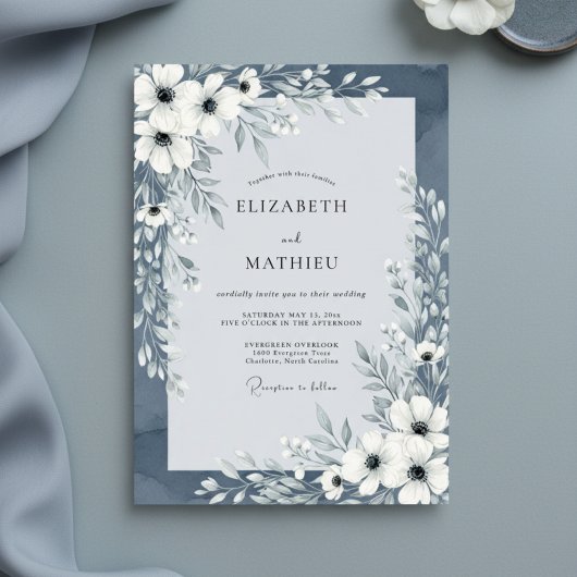 Slate Blue Painterly Floral Wedding Einladung