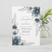 Slate Blue Painterly Romance Wedding Einladung (Stehend Vorderseite)