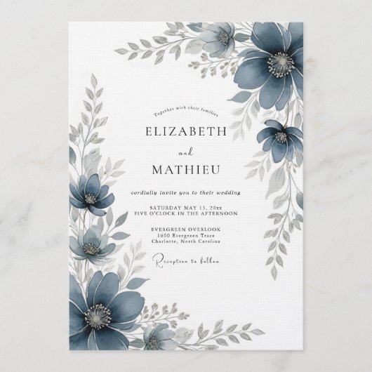 Slate Blue Painterly Romance Wedding Einladung (Vorderseite)