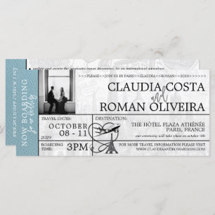 Slate Blue Paris Wedding Boarding Pass Einladung