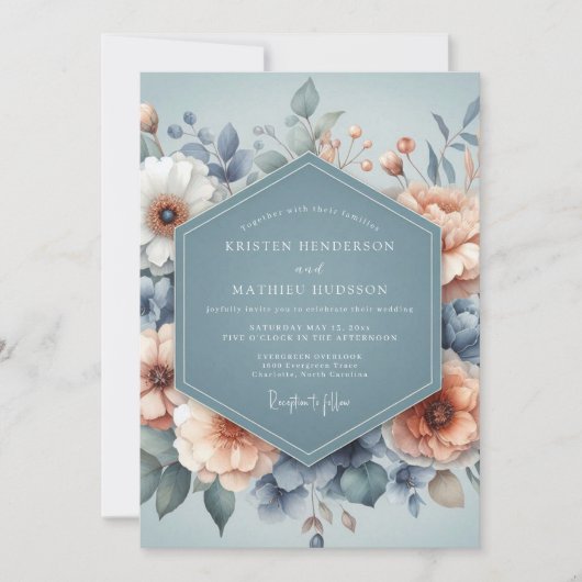 Slate Blue Pastel Bloom Wedding Einladung (Vorderseite)