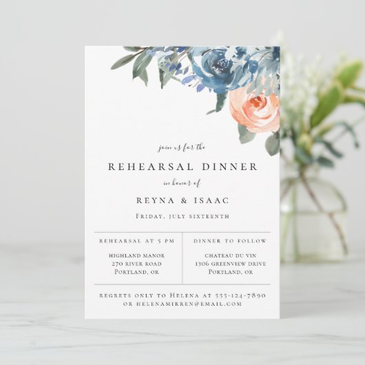 Slate Blue Peach Botanische Probe Abendessen Ankündigung (Stehend Vorderseite)