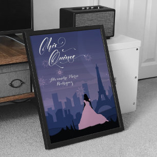 Slate Blue & Pink Paris Feuerwerk Quinceañera Poster