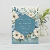 Slate Blue Romantic Anemone Wedding Einladung (Stehend Vorderseite)