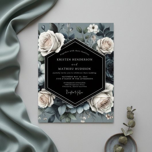 Slate Blue Rose Opulence Wedding Einladung