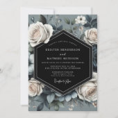 Slate Blue Rose Opulence Wedding Einladung (Vorderseite)