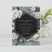 Slate Blue Rose Opulence Wedding Einladung (Stehend Vorderseite)