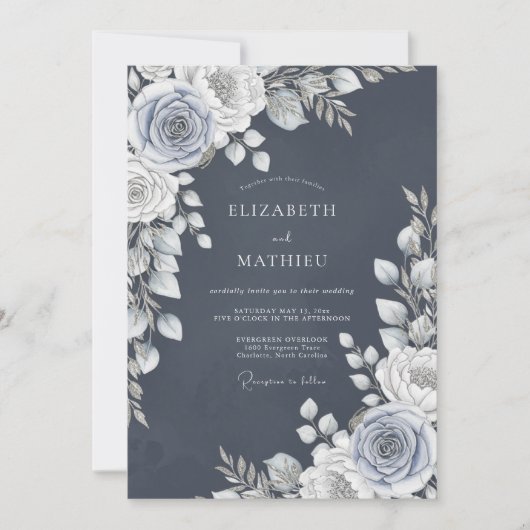 Slate Blue Rose Romance Wedding Einladung (Vorderseite)