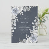 Slate Blue Rose Romance Wedding Einladung (Stehend Vorderseite)