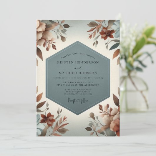 Slate Blue Rustic Bloom Wedding Einladung (Stehend Vorderseite)