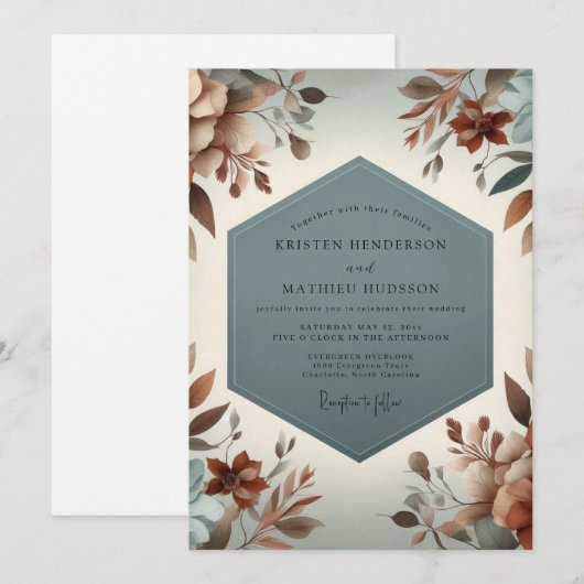 Slate Blue Rustic Bloom Wedding Einladung (Vorne/Hinten)