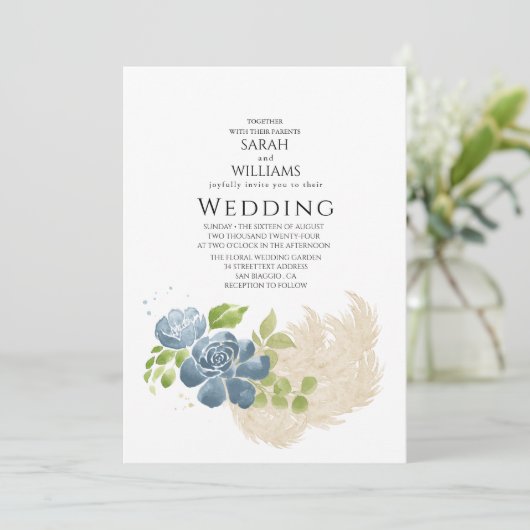 Slate Blue Sage Green Rustikale Wasserfarben Flora Einladung (Stehend Vorderseite)