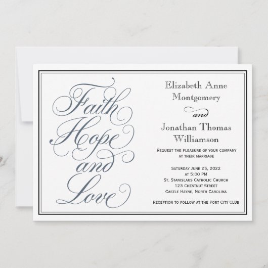 Slate Blue Script Faith Hope & Liebe Wedding Einladung (Vorderseite)
