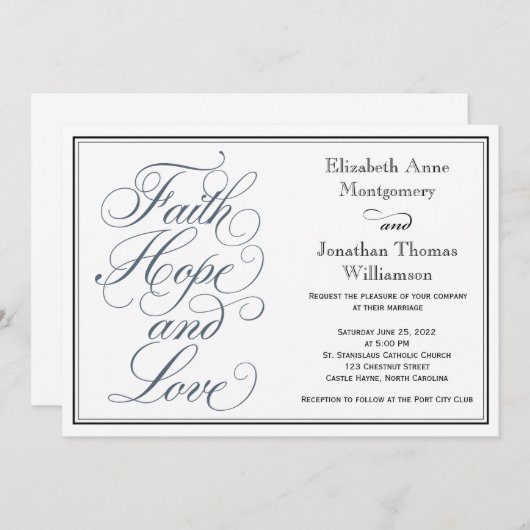 Slate Blue Script Faith Hope & Liebe Wedding Einladung (Vorne/Hinten)