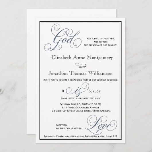 Slate Blue Script God is Liebe Christlich Wedding Einladung (Vorne/Hinten)