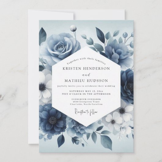 Slate Blue Serene Bloom Wedding Einladung (Vorderseite)