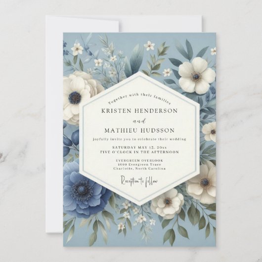 Slate Blue Serene Flora Wedding Einladung (Vorderseite)