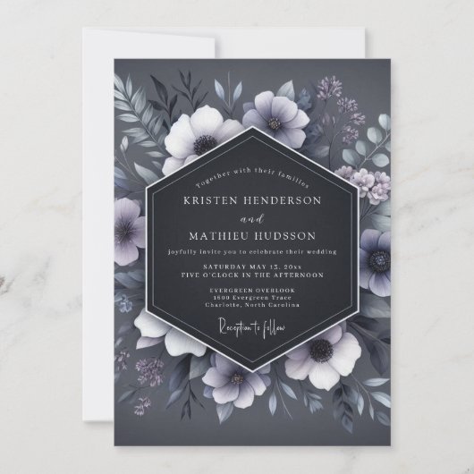 Slate Blue Shadowy Flora Wedding Einladung (Vorderseite)