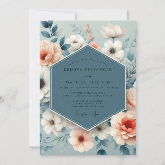 Slate Blue Soft Bloom Wedding Einladung (Vorderseite)