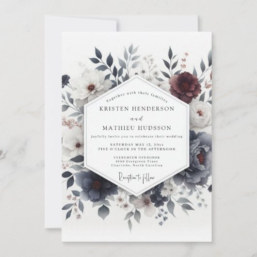 Slate Blue Somber Bloom Wedding Einladung (Vorderseite)