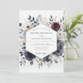 Slate Blue Somber Bloom Wedding Einladung (Stehend Vorderseite)