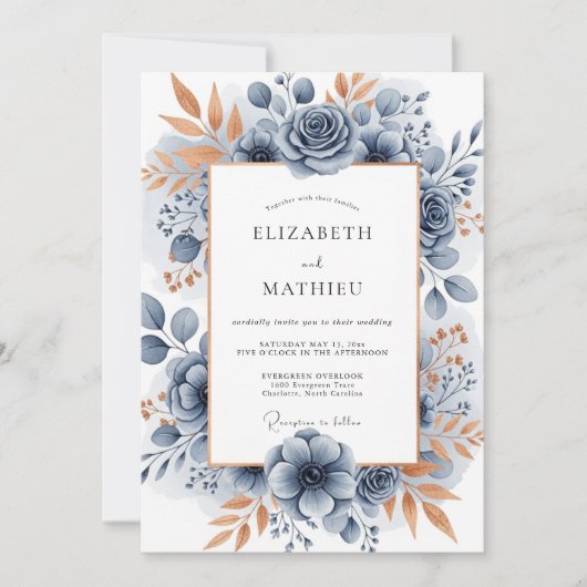 Slate Blue Sophisticated Botanical Wedding Einladung (Vorderseite)