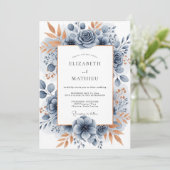 Slate Blue Sophisticated Botanical Wedding Einladung (Stehend Vorderseite)