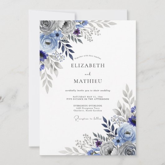 Slate Blue Striking Botanical Wedding Einladung (Vorderseite)