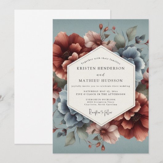 Slate Blue Terra Bloom Wedding Einladung (Vorne/Hinten)