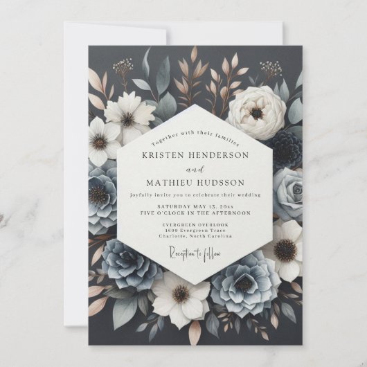 Slate Blue Twilight Bloom Wedding Einladung (Vorderseite)