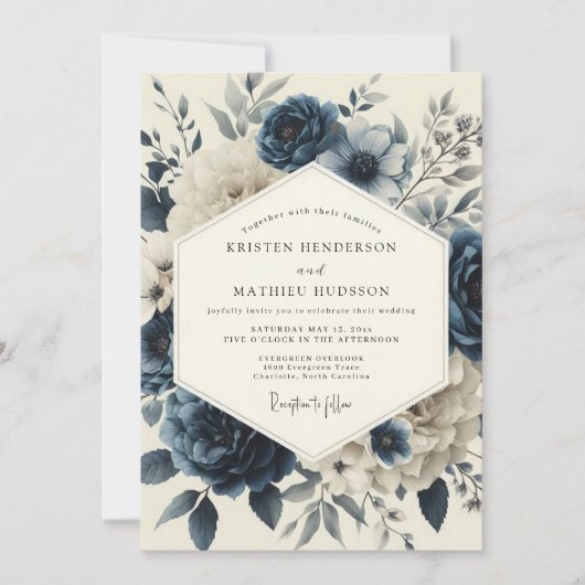 Slate Blue Twilight Bloom Wedding Einladung (Vorderseite)