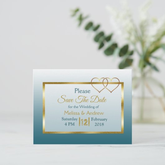 Slate Blue und Gold Save the Date Postkarten (Stehend Vorderseite)