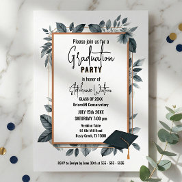 Slate Blue Watercolor Leaves Geometric Graduation Einladung
