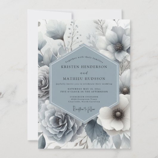 Slate Blue Whisper Bloom Wedding Einladung (Vorderseite)