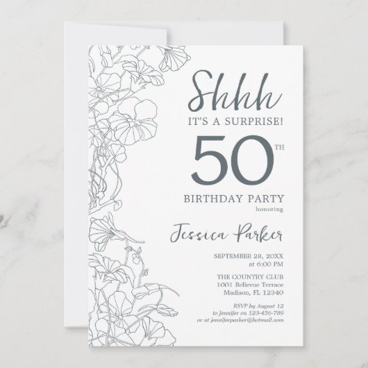 Slate Blue White Botanical Überraschung 50. Geburt Einladung (Vorderseite)