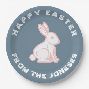 Slate Blue White Pink Happy Osterfest Bunny Rabbit Pappteller