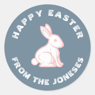 Slate Blue White Pink Happy Osterfest Bunny Rabbit Runder Aufkleber