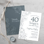 Slate Blue White Überraschung 40. Geburtstag Party Einladung<br><div class="desc">Slate Blue White Überraschung 40. Geburtstag Party Einladung. Minimalistisches modernes Design mit botanischen Akzenten und Typografie-Script-Schriftart. Floral Einladungskarte perfekt für eine stilvolle weibliche Überraschung am Tag feiern. Kann für jedes Alter angepasst werden.</div>