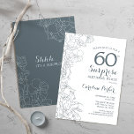 Slate Blue White Überraschung 60. Geburtstagsparty Einladung<br><div class="desc">Slate Blue White Überraschung 60. Geburtstagsparty Einladung. Minimalistisches modernes Design mit botanischen Akzenten und Typografie-Script-Schriftart. Floral Einladungskarte perfekt für eine stilvolle weibliche Überraschung am Tag feiern. Kann für jedes Alter angepasst werden.</div>